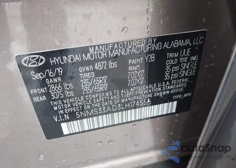 2020 Hyundai Santa Fe Sel z USA, uszkodzony, nr VIN 5NMS33AD3LH174555